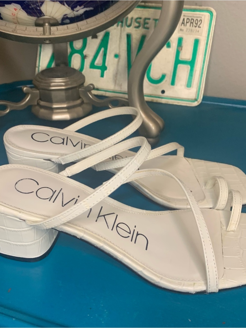 Calvin Klein White Croc-Texture Strappy Block Heel Sandals
